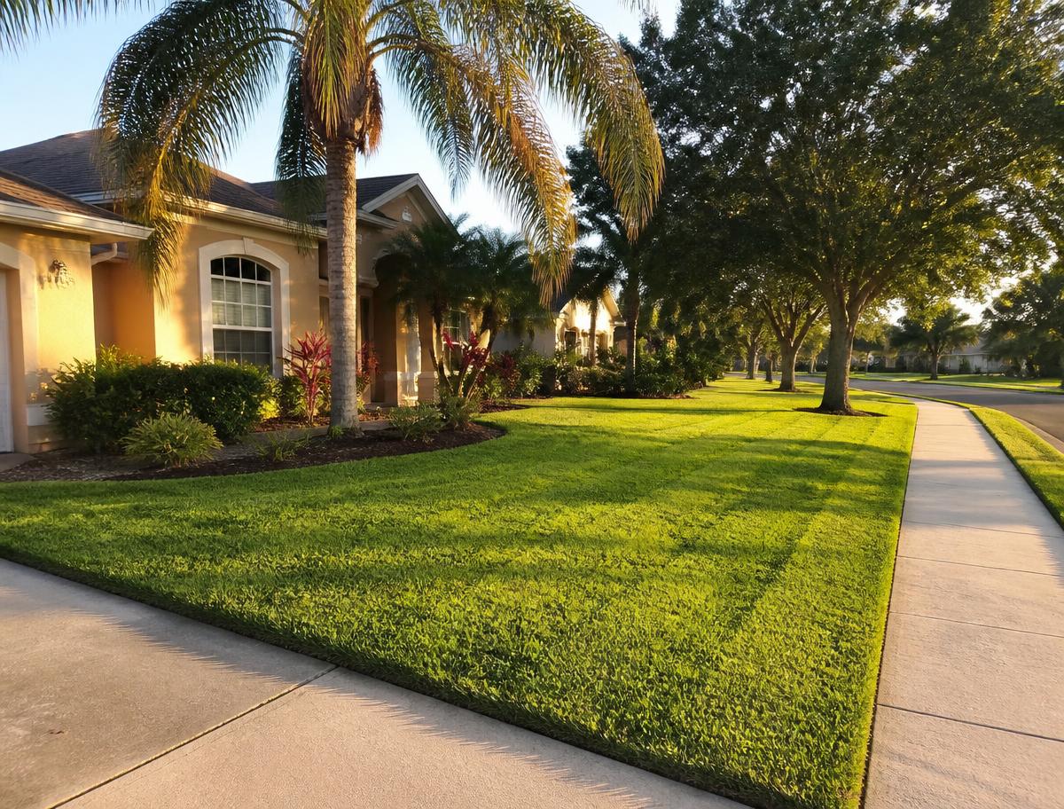 Freshly mowed Deltona front lawn with clean mower stripes and edged sidewalk